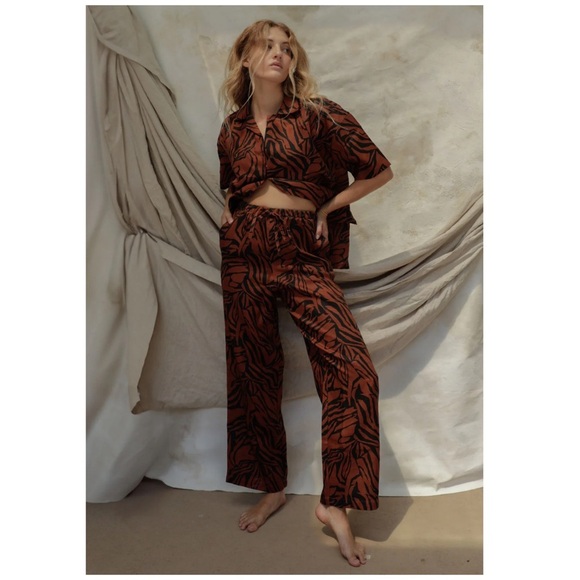 Stone Fox Swim Beachy Gita Wide Leg Linen Pant Black Brown Bengal Print | XS/S - Picture 1 of 12